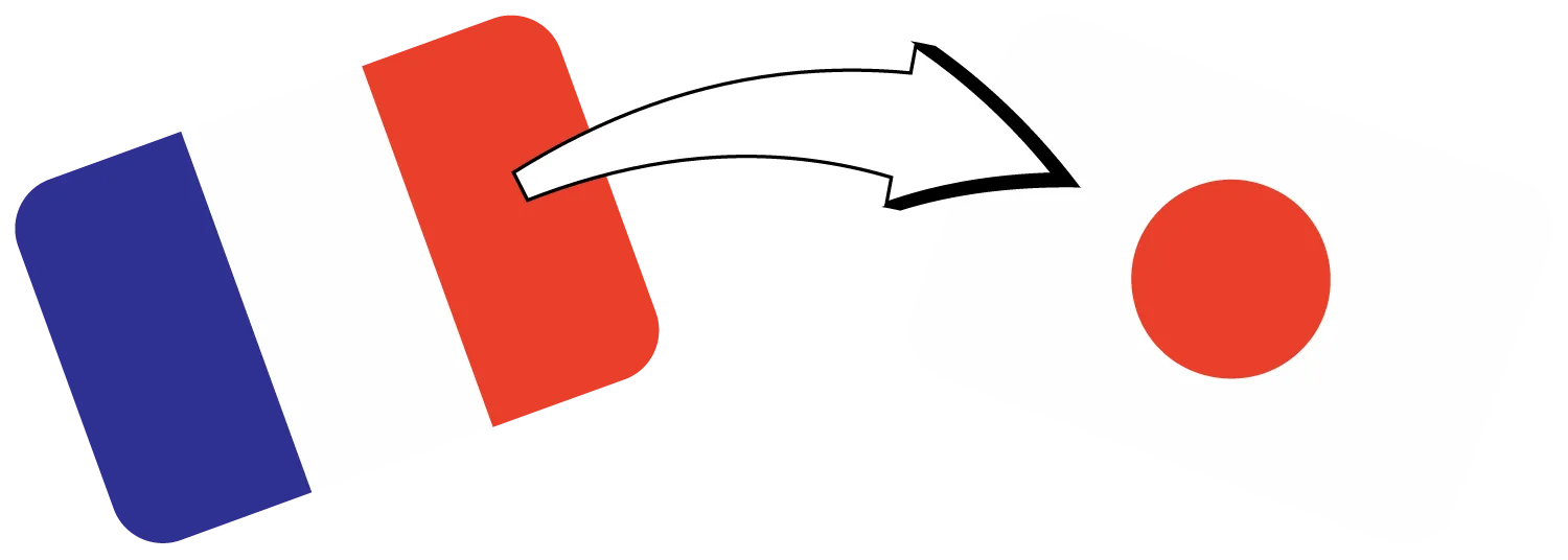 Drapeaux France et Japon Illustration d'un drapeau français sur la gauche et d'un drapeau japonais sur la droite. Une flèche va de français vers le japonais pour représenter la traduction de permis japonais.