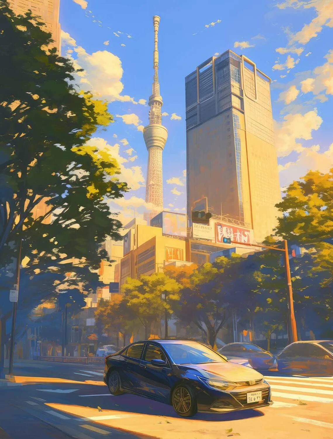 Traduction permis Japon JAF Traduction permis Japon. Illustration de type manga avec en arrière plan la Tokyo Skytree baignée de soleil et une voiture sur la route en premier plan